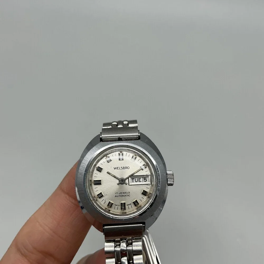 Vintage Welsbro Womens Watch 26mm Silver Tone Swiss Stainless Day Date Automatic